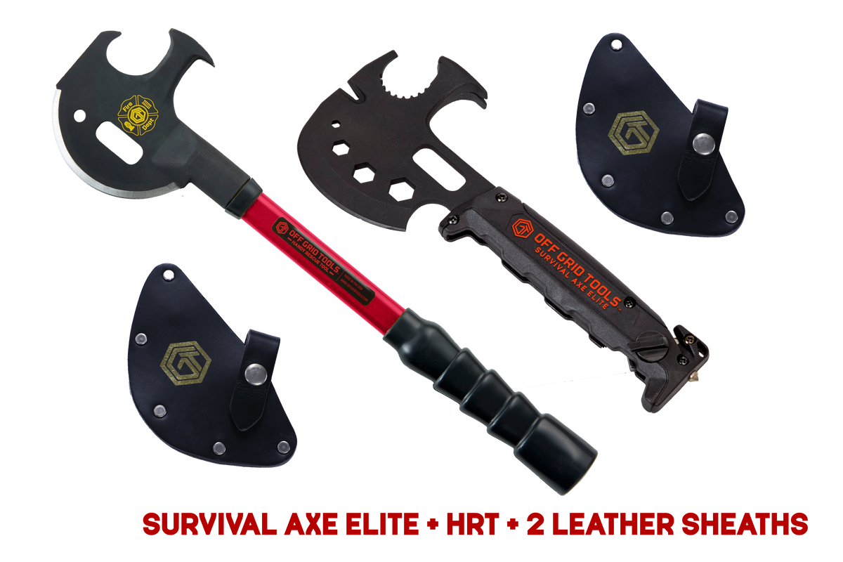 SURVIVAL AXE ELITE + HRT + 2 LEATHER SHEATHS Pro Off Grid Tools